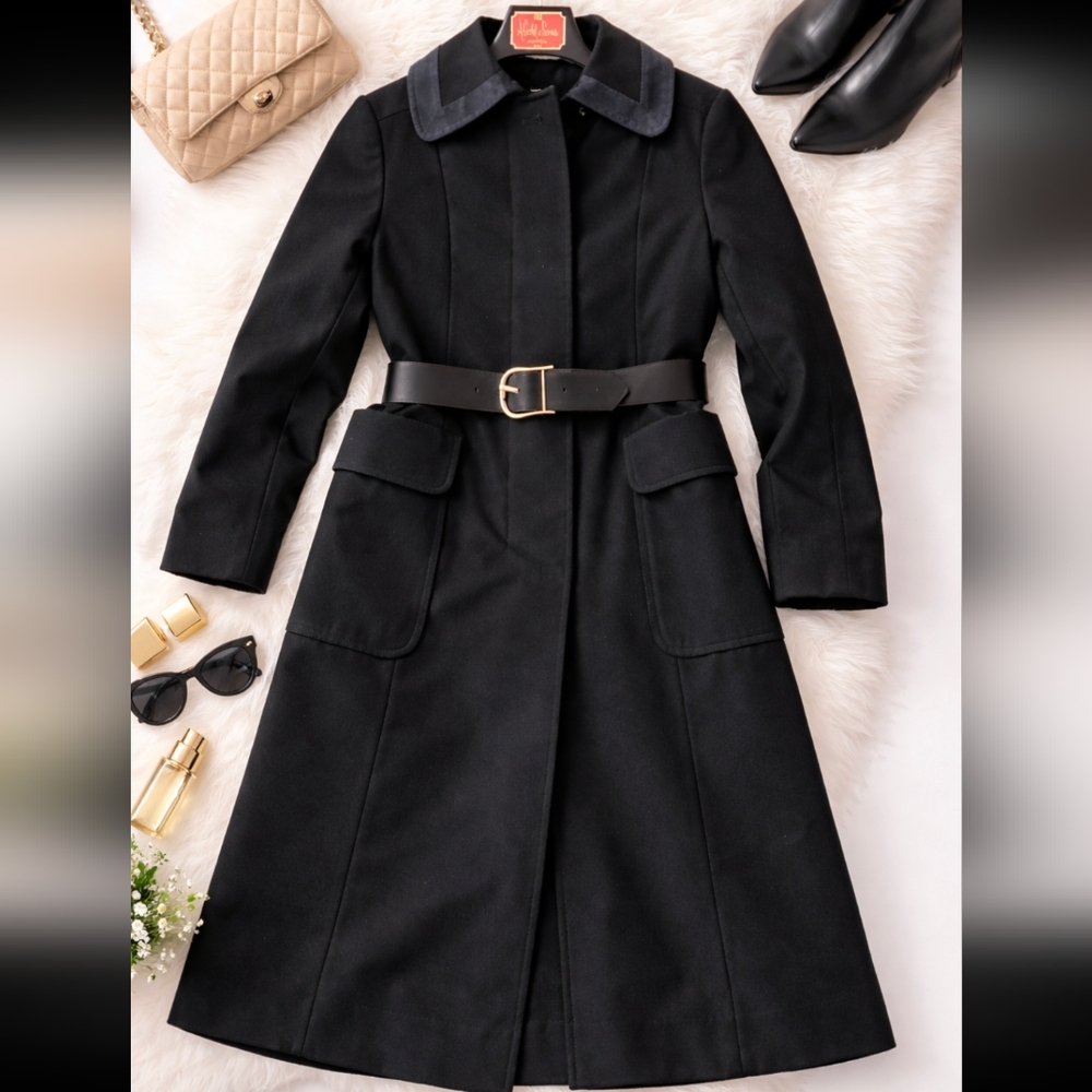 12. Joshar Montreal Vintage Black Trench Coat Faux Leather Red Lined Belted - Picture 1 of 13